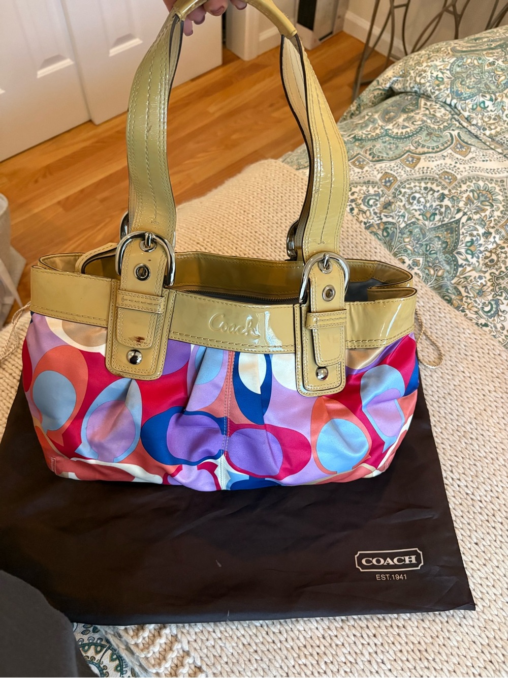 Coach Multicolor Circle-Print Shoulder Bag with Yellow Trim